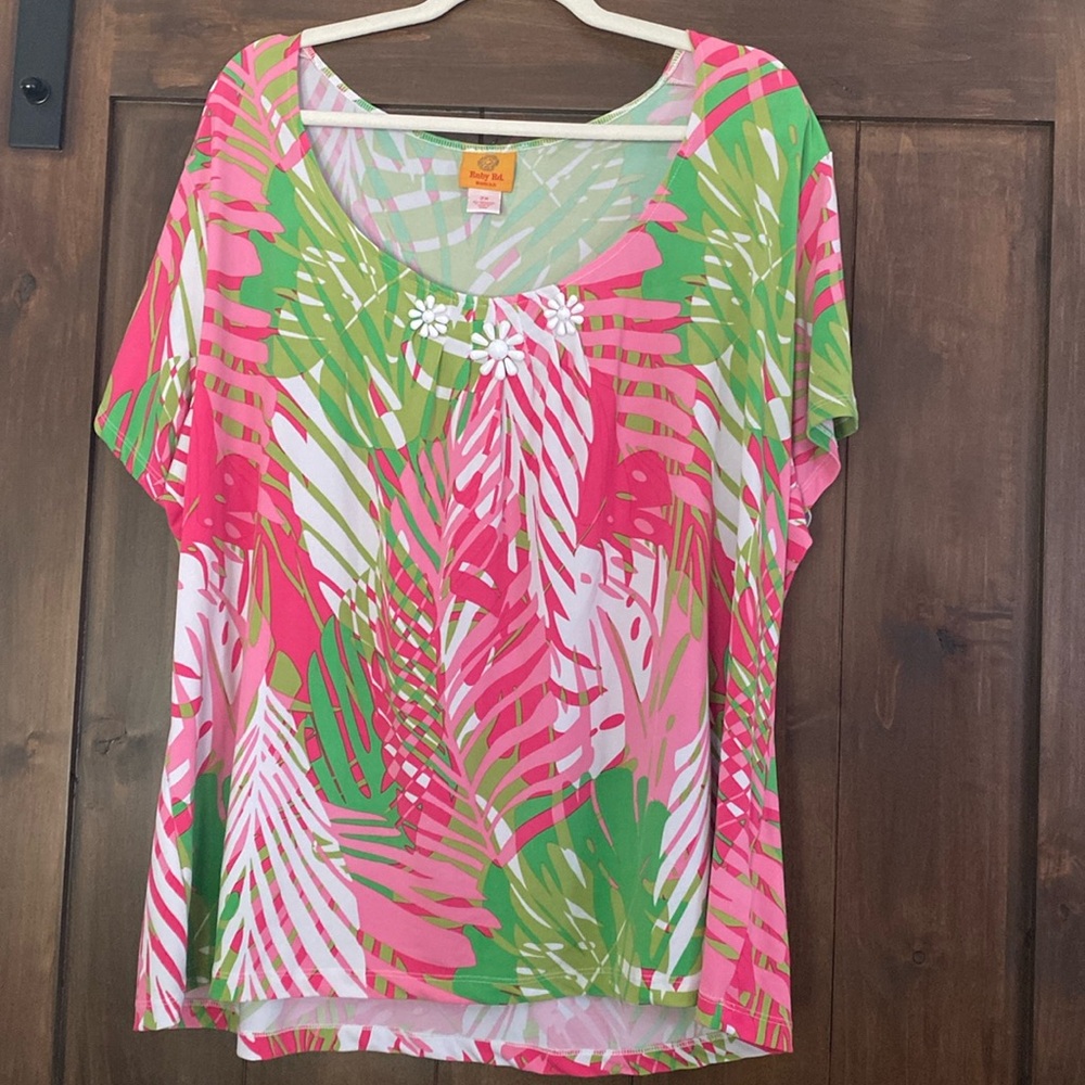 E450 Ruby Rd. Tropical Palm Leaf Print Top/Bead Embellishments Sz. 2X